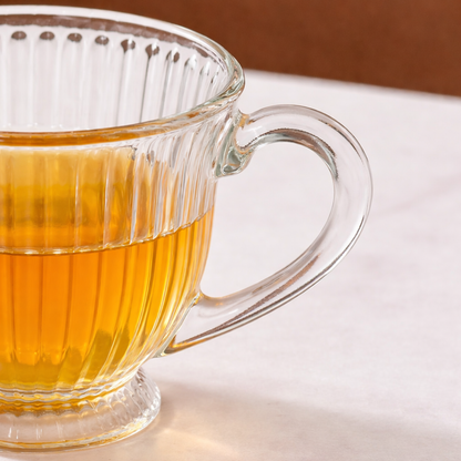 Ribbed Glass Tea Cups Set of 6 | 200ml Clear Lead-Free Glass Mugs with Handle | Footed Design | Microwave & Dishwasher Safe | Elegant Vintage Teacup for Home, Kitchen & Gifting