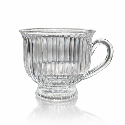Ribbed Glass Tea Cups Set of 6 | 200ml Clear Lead-Free Glass Mugs with Handle | Footed Design | Microwave & Dishwasher Safe | Elegant Vintage Teacup for Home, Kitchen & Gifting
