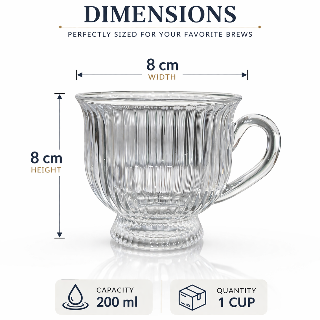 Ribbed Glass Tea Cups Set of 6 | 200ml Clear Lead-Free Glass Mugs with Handle | Footed Design | Microwave & Dishwasher Safe | Elegant Vintage Teacup for Home, Kitchen & Gifting
