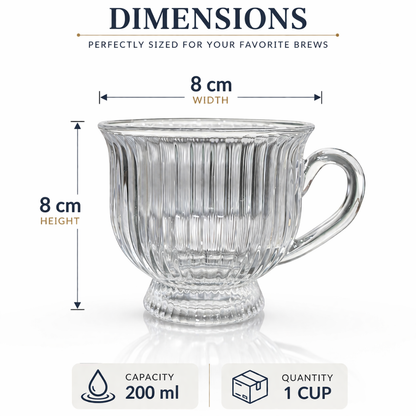 Ribbed Glass Tea Cups Set of 6 | 200ml Clear Lead-Free Glass Mugs with Handle | Footed Design | Microwave & Dishwasher Safe | Elegant Vintage Teacup for Home, Kitchen & Gifting