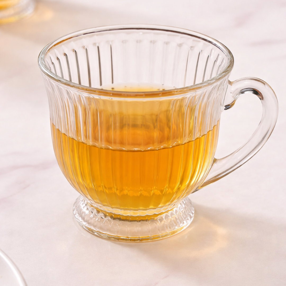 Ribbed Glass Tea Cups Set of 6 | 200ml Clear Lead-Free Glass Mugs with Handle | Footed Design | Microwave & Dishwasher Safe | Elegant Vintage Teacup for Home, Kitchen & Gifting