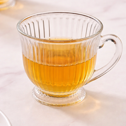 Ribbed Glass Tea Cups Set of 6 | 200ml Clear Lead-Free Glass Mugs with Handle | Footed Design | Microwave & Dishwasher Safe | Elegant Vintage Teacup for Home, Kitchen & Gifting