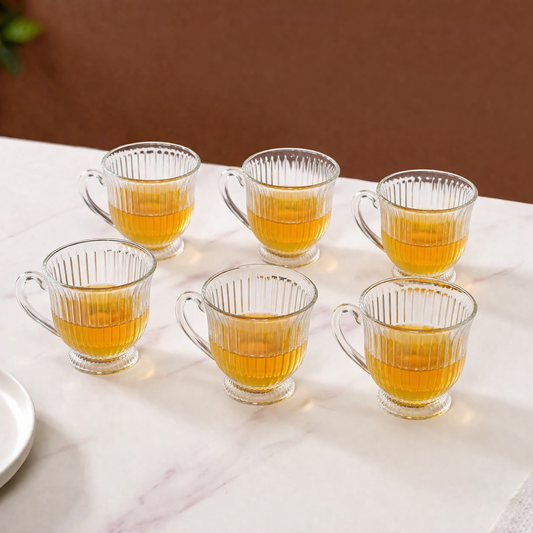 Ribbed Glass Tea Cups Set of 6 | 200ml Clear Lead-Free Glass Mugs with Handle | Footed Design | Microwave & Dishwasher Safe | Elegant Vintage Teacup for Home, Kitchen & Gifting