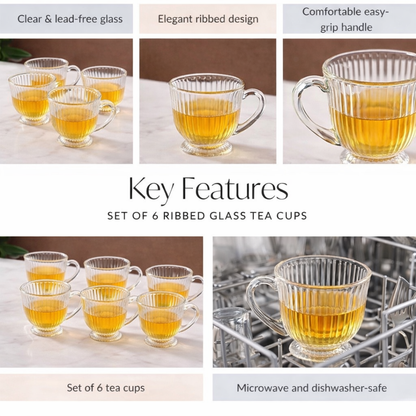 Ribbed Glass Tea Cups Set of 6 | 200ml Clear Lead-Free Glass Mugs with Handle | Footed Design | Microwave & Dishwasher Safe | Elegant Vintage Teacup for Home, Kitchen & Gifting