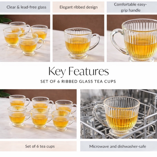 Ribbed Glass Tea Cups Set of 6 | 200ml Clear Lead-Free Glass Mugs with Handle | Footed Design | Microwave & Dishwasher Safe | Elegant Vintage Teacup for Home, Kitchen & Gifting