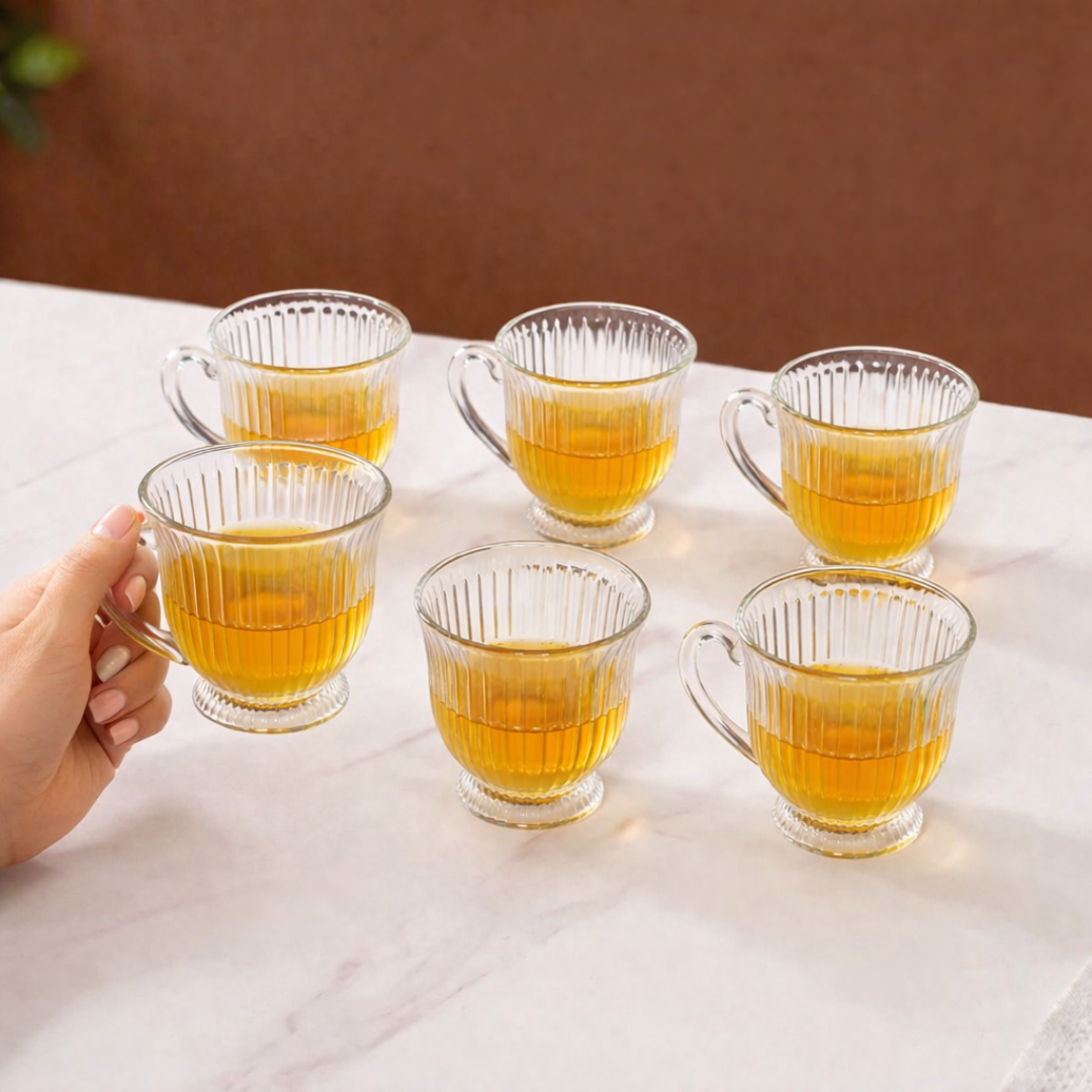 Ribbed Glass Tea Cups Set of 6 | 200ml Clear Lead-Free Glass Mugs with Handle | Footed Design | Microwave & Dishwasher Safe | Elegant Vintage Teacup for Home, Kitchen & Gifting