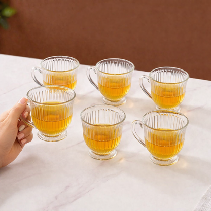 Ribbed Glass Tea Cups Set of 6 | 200ml Clear Lead-Free Glass Mugs with Handle | Footed Design | Microwave & Dishwasher Safe | Elegant Vintage Teacup for Home, Kitchen & Gifting