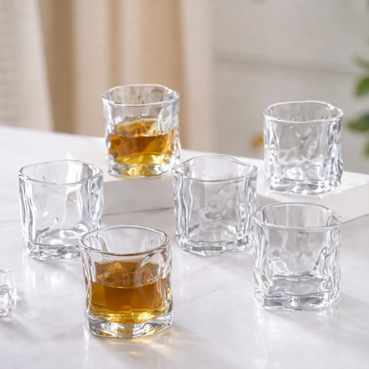 Crystal-Cut Whisky Glasses Set of 6 | 200ml Heavy Base Old Fashioned Rocks Glasses | Sculptural Textured Design | Premium Bar Glassware for Whiskey, Scotch, Bourbon & Cocktails | Gift Set