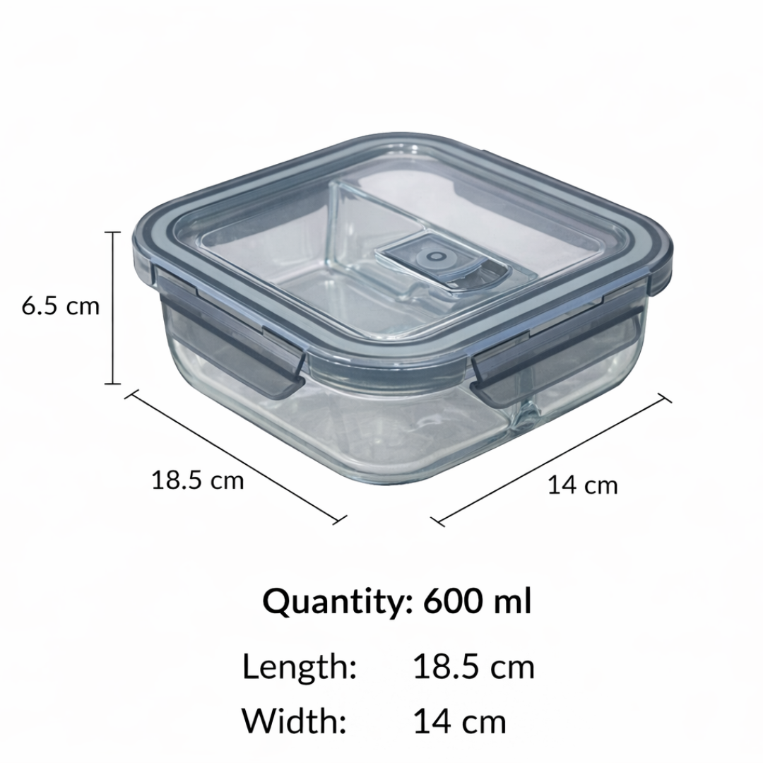 Borosilicate Glass Lunch Box with 2 Compartments | 600ml Airtight Leakproof Meal Prep Container | 4-Clip Lock Lid with Silicone Ring | Microwave Safe | Food-Safe Lead-Free | Office & School Tiffin