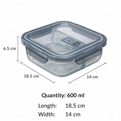 Borosilicate Glass Lunch Box with 2 Compartments | 600ml Airtight Leakproof Meal Prep Container | 4-Clip Lock Lid with Silicone Ring | Microwave Safe | Food-Safe Lead-Free | Office & School Tiffin