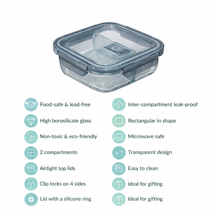 Borosilicate Glass Lunch Box with 2 Compartments | 600ml Airtight Leakproof Meal Prep Container | 4-Clip Lock Lid with Silicone Ring | Microwave Safe | Food-Safe Lead-Free | Office & School Tiffin