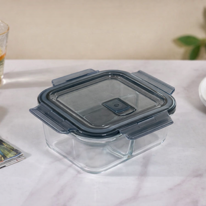 Borosilicate Glass Lunch Box with 2 Compartments | 600ml Airtight Leakproof Meal Prep Container | 4-Clip Lock Lid with Silicone Ring | Microwave Safe | Food-Safe Lead-Free | Office & School Tiffin