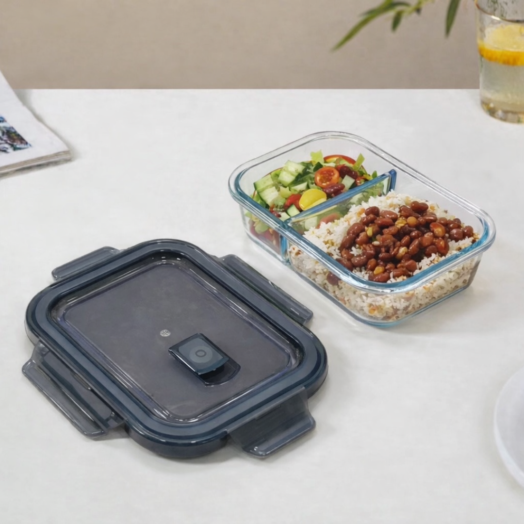 Borosilicate Glass Lunch Box with 2 Compartments | 600ml Airtight Leakproof Meal Prep Container | 4-Clip Lock Lid with Silicone Ring | Microwave Safe | Food-Safe Lead-Free | Office & School Tiffin