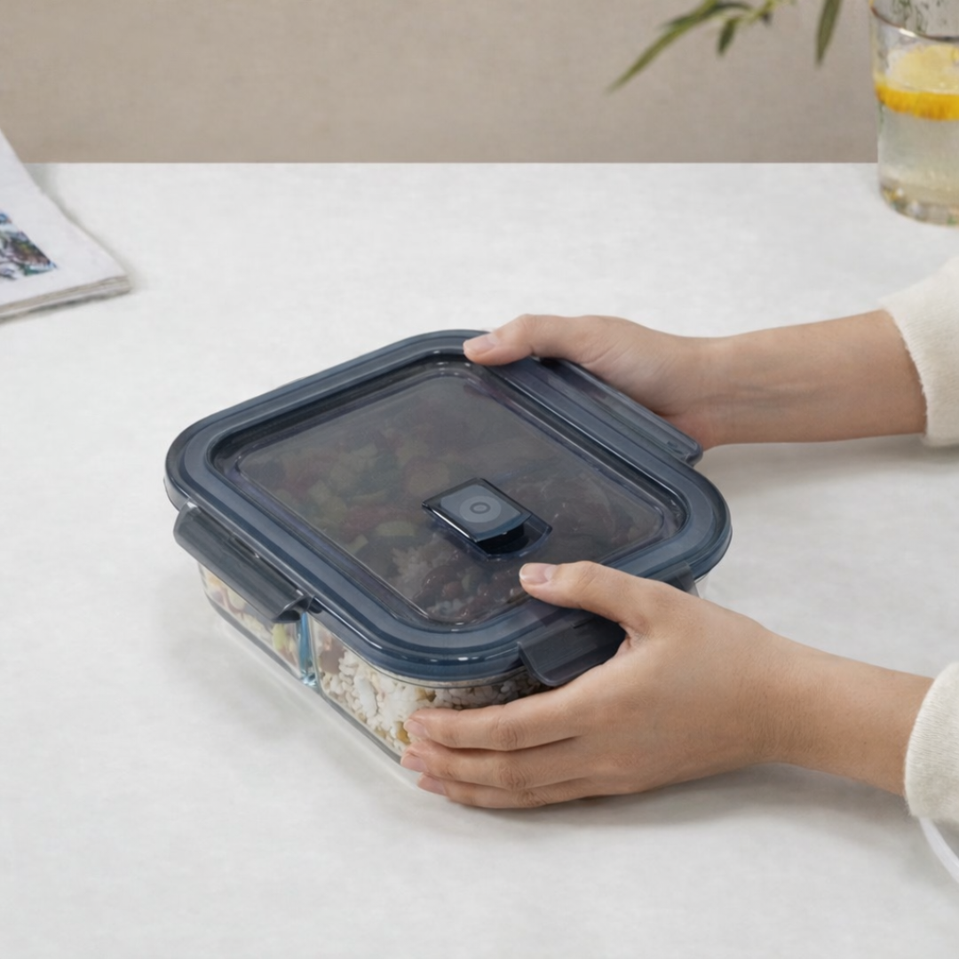 Borosilicate Glass Lunch Box with 2 Compartments | 600ml Airtight Leakproof Meal Prep Container | 4-Clip Lock Lid with Silicone Ring | Microwave Safe | Food-Safe Lead-Free | Office & School Tiffin