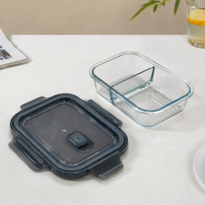 Borosilicate Glass Lunch Box with 2 Compartments | 600ml Airtight Leakproof Meal Prep Container | 4-Clip Lock Lid with Silicone Ring | Microwave Safe | Food-Safe Lead-Free | Office & School Tiffin