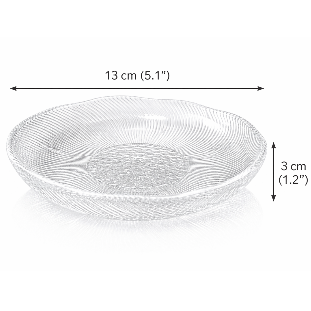 Clear Glass Snack Plates Set of 6 | Sunburst Ribbed Pattern | Honeycomb Textured Centre | Wavy Rim | Lead-Free 100% Food-Safe | Chip-Resistant | Dishwasher Safe | Transparent