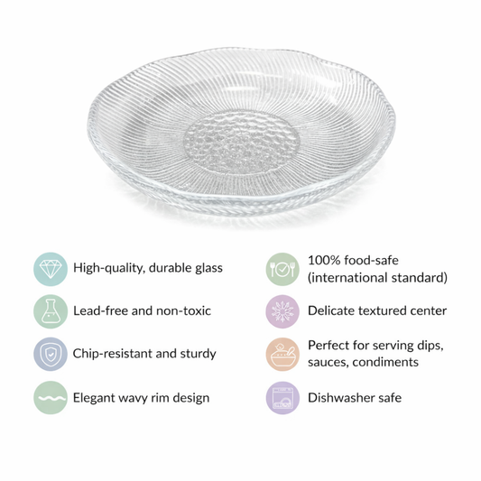 Clear Glass Snack Plates Set of 6 | Sunburst Ribbed Pattern | Honeycomb Textured Centre | Wavy Rim | Lead-Free 100% Food-Safe | Chip-Resistant | Dishwasher Safe | Transparent