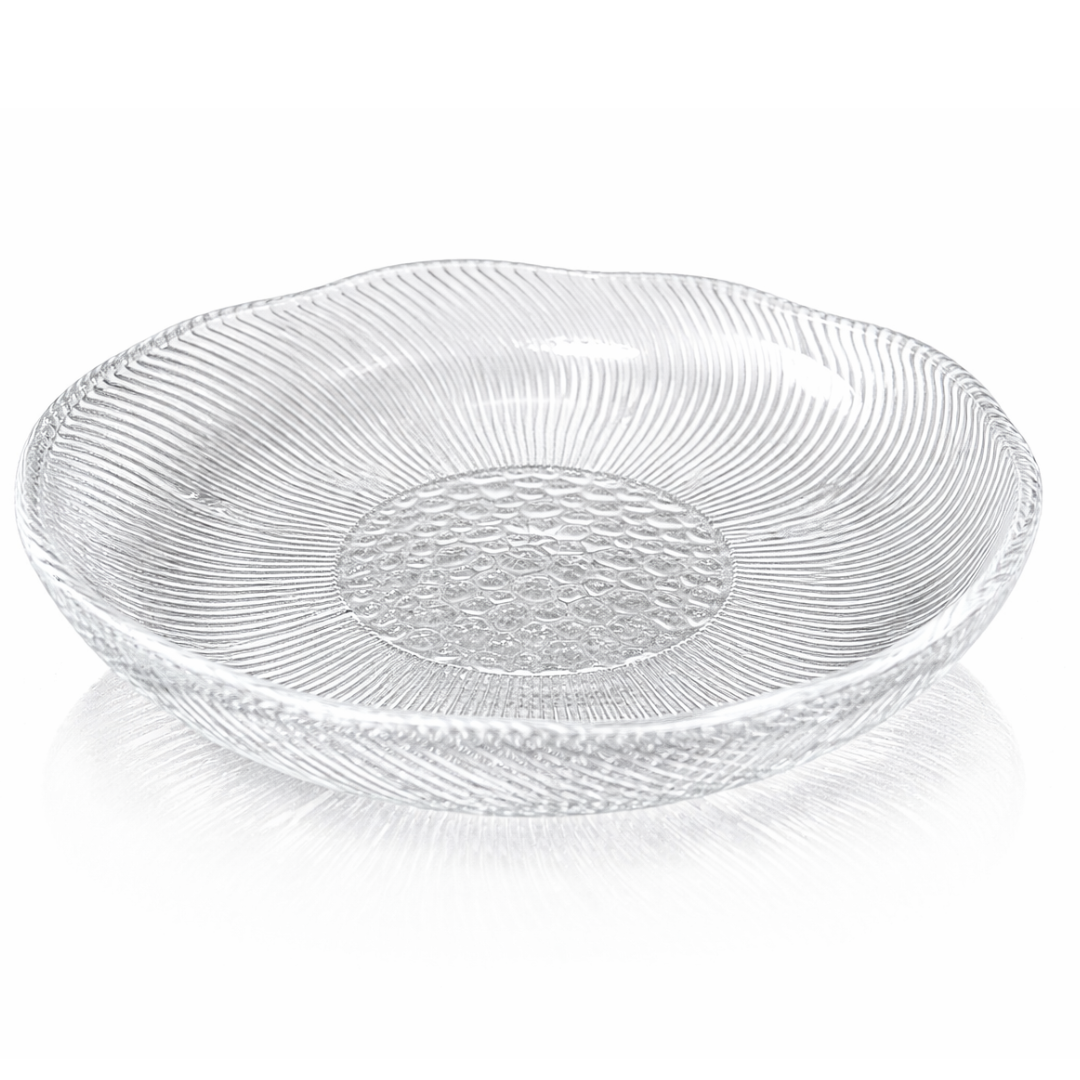 Clear Glass Snack Plates Set of 6 | Sunburst Ribbed Pattern | Honeycomb Textured Centre | Wavy Rim | Lead-Free 100% Food-Safe | Chip-Resistant | Dishwasher Safe | Transparent