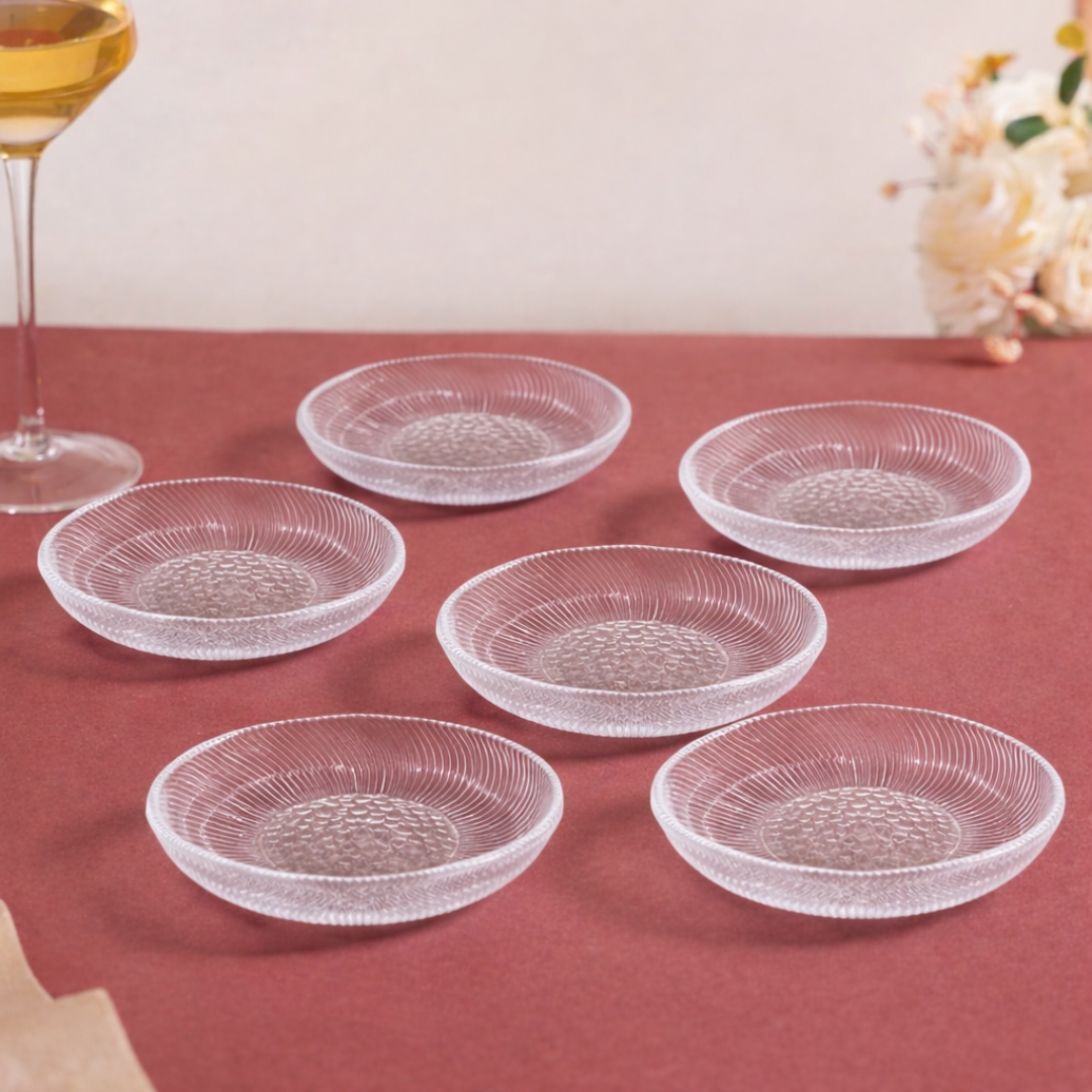 Clear Glass Snack Plates Set of 6 | Sunburst Ribbed Pattern | Honeycomb Textured Centre | Wavy Rim | Lead-Free 100% Food-Safe | Chip-Resistant | Dishwasher Safe | Transparent