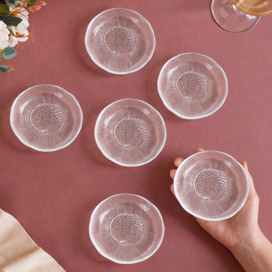 Clear Glass Snack Plates Set of 6 | Sunburst Ribbed Pattern | Honeycomb Textured Centre | Wavy Rim | Lead-Free 100% Food-Safe | Chip-Resistant | Dishwasher Safe | Transparent