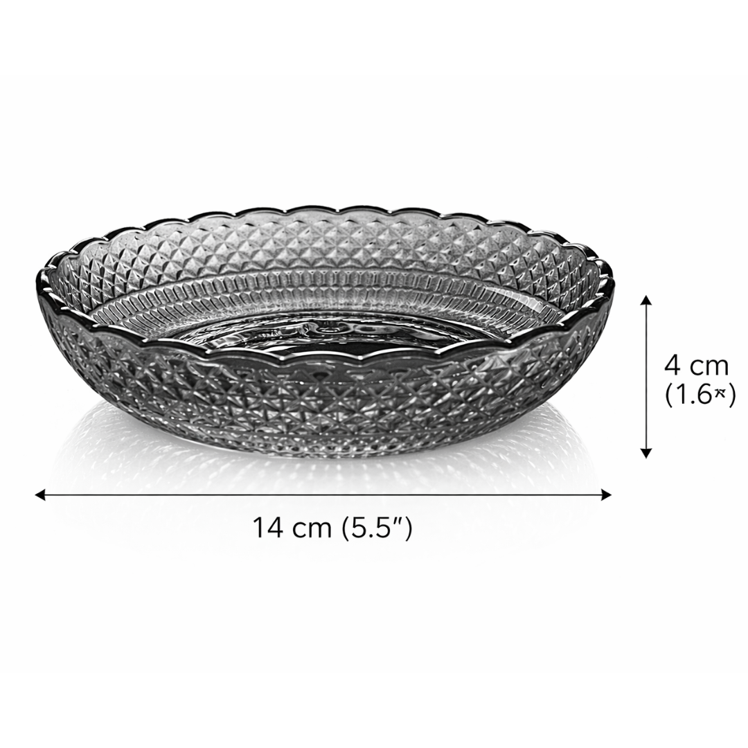 Smoked Glass Snack Plates Set of 6 | Diamond Cut Vintage Pattern | Scalloped Rim Dessert Serving Plates | Lead-Free Chip-Resistant | Microwave & Dishwasher Safe | Charcoal Grey