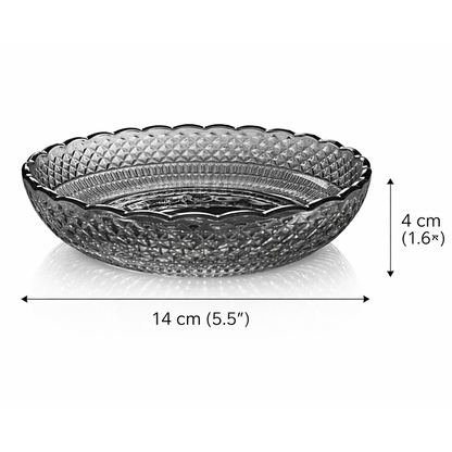 Smoked Glass Snack Plates Set of 6 | Diamond Cut Vintage Pattern | Scalloped Rim Dessert Serving Plates | Lead-Free Chip-Resistant | Microwave & Dishwasher Safe | Charcoal Grey