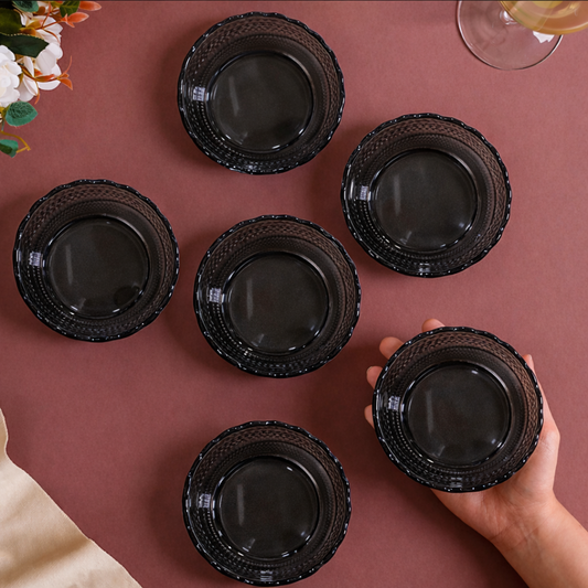 Smoked Glass Snack Plates Set of 6 | Diamond Cut Vintage Pattern | Scalloped Rim Dessert Serving Plates | Lead-Free Chip-Resistant | Microwave & Dishwasher Safe | Charcoal Grey