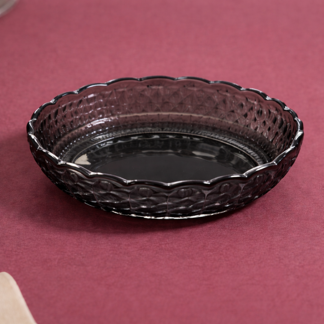 Smoked Glass Snack Plates Set of 6 | Diamond Cut Vintage Pattern | Scalloped Rim Dessert Serving Plates | Lead-Free Chip-Resistant | Microwave & Dishwasher Safe | Charcoal Grey
