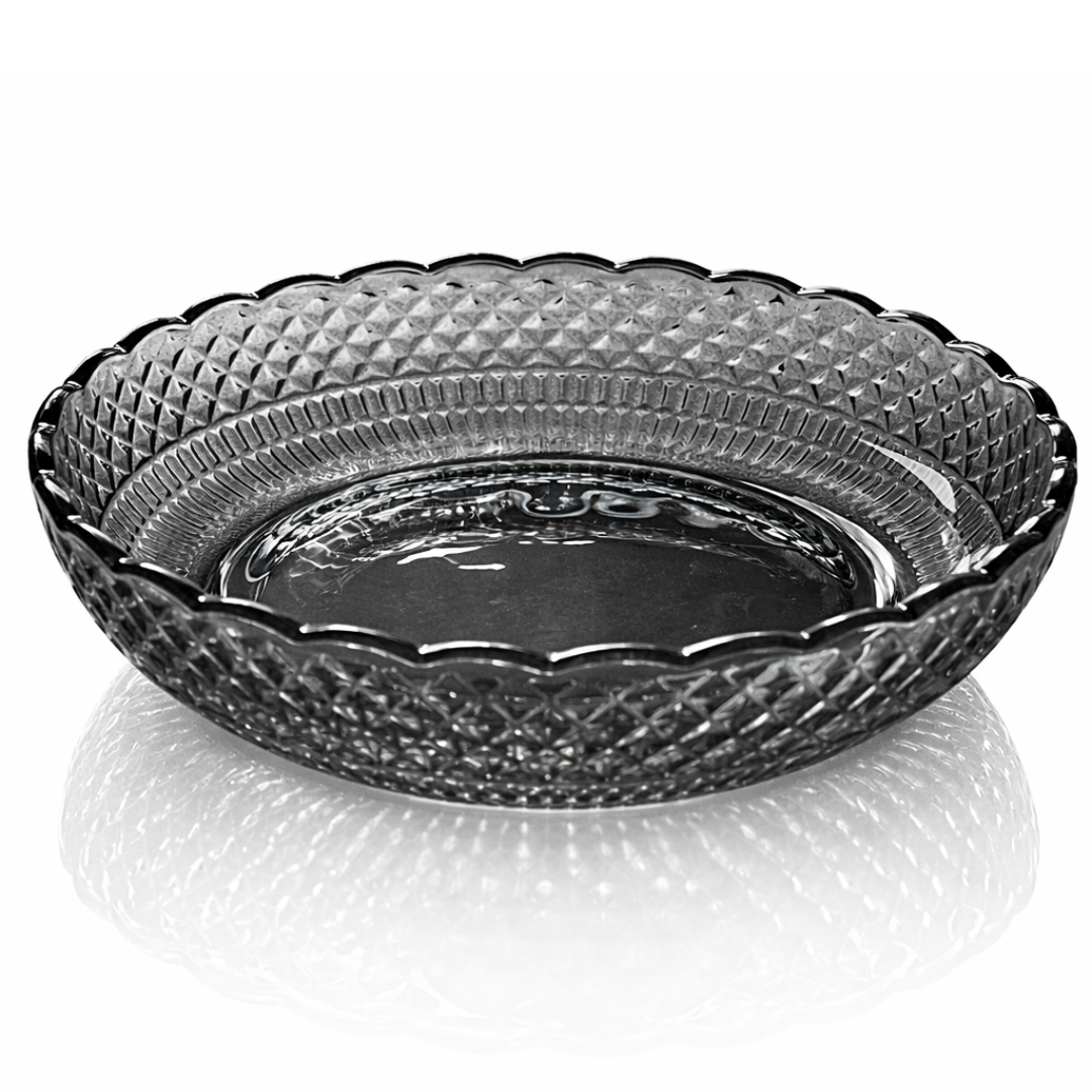 Smoked Glass Snack Plates Set of 6 | Diamond Cut Vintage Pattern | Scalloped Rim Dessert Serving Plates | Lead-Free Chip-Resistant | Microwave & Dishwasher Safe | Charcoal Grey