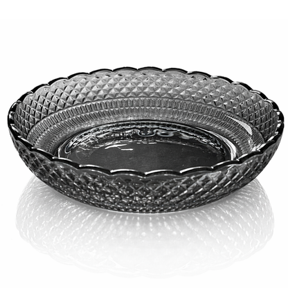 Smoked Glass Snack Plates Set of 6 | Diamond Cut Vintage Pattern | Scalloped Rim Dessert Serving Plates | Lead-Free Chip-Resistant | Microwave & Dishwasher Safe | Charcoal Grey