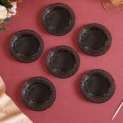 Smoked Glass Snack Plates Set of 6 | Diamond Cut Vintage Pattern | Scalloped Rim Dessert Serving Plates | Lead-Free Chip-Resistant | Microwave & Dishwasher Safe | Charcoal Grey