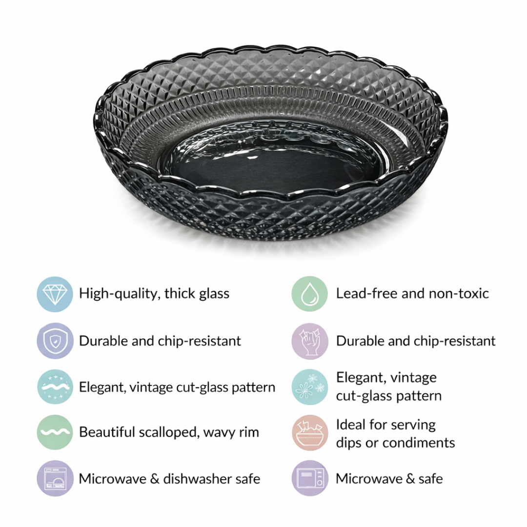 Smoked Glass Snack Plates Set of 6 | Diamond Cut Vintage Pattern | Scalloped Rim Dessert Serving Plates | Lead-Free Chip-Resistant | Microwave & Dishwasher Safe | Charcoal Grey