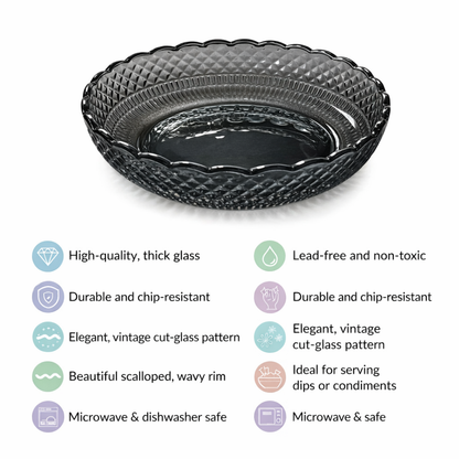 Smoked Glass Snack Plates Set of 6 | Diamond Cut Vintage Pattern | Scalloped Rim Dessert Serving Plates | Lead-Free Chip-Resistant | Microwave & Dishwasher Safe | Charcoal Grey