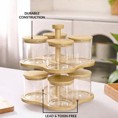 2-Tier Rotating Bamboo Glass Jar Set | 8 Airtight Storage Jars with 360° Swivel Stand | Dry Fruit, Spice & Snack Organiser for Kitchen Counter