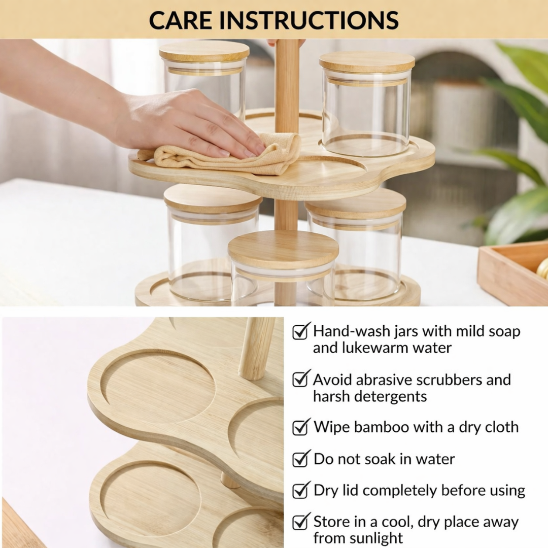 2-Tier Rotating Bamboo Glass Jar Set | 8 Airtight Storage Jars with 360° Swivel Stand | Dry Fruit, Spice & Snack Organiser for Kitchen Counter