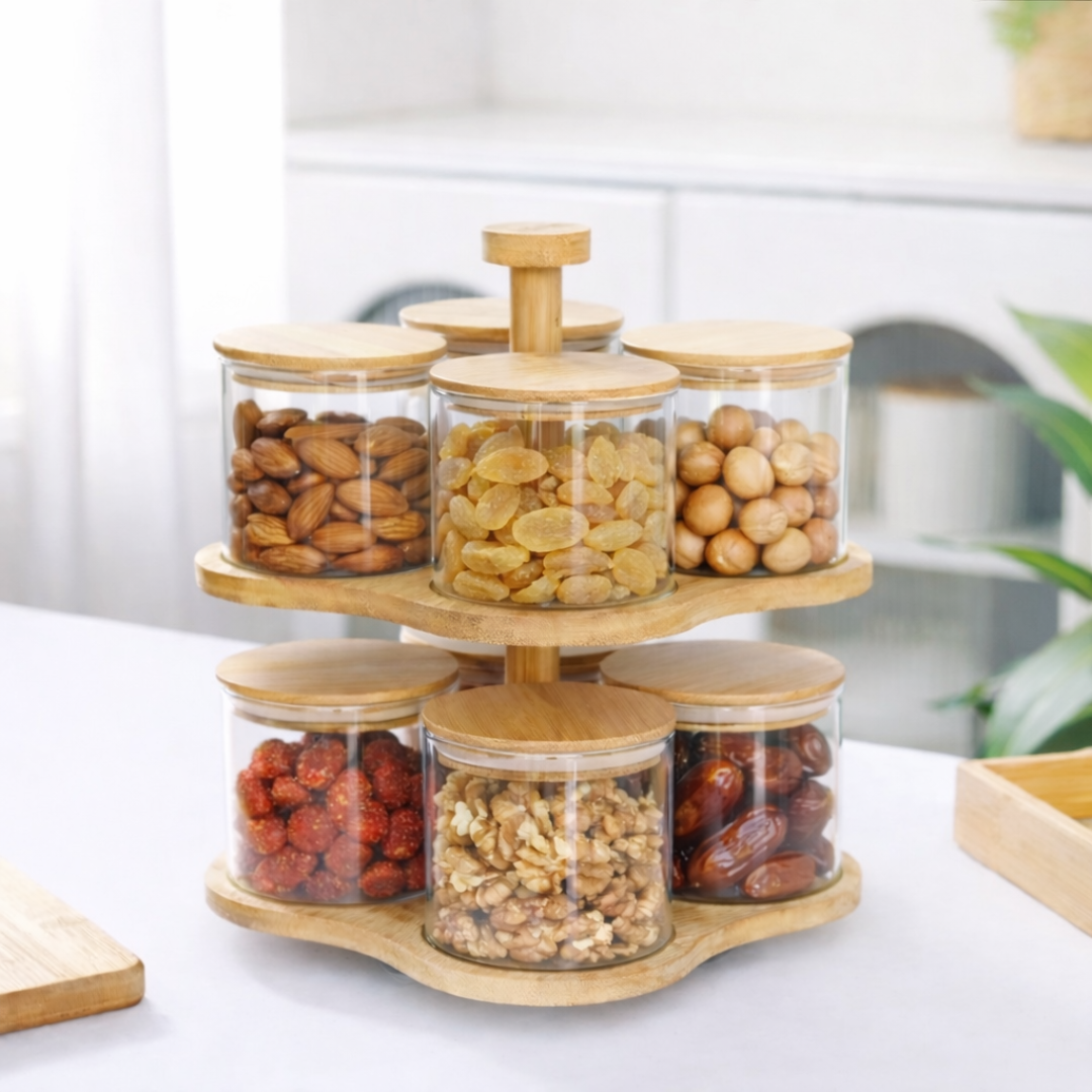 2-Tier Rotating Bamboo Glass Jar Set | 8 Airtight Storage Jars with 360° Swivel Stand | Dry Fruit, Spice & Snack Organiser for Kitchen Counter