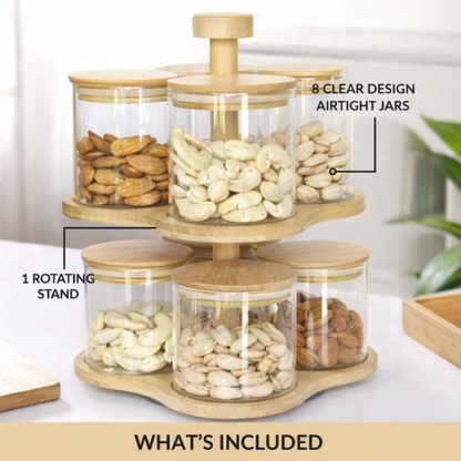 2-Tier Rotating Bamboo Glass Jar Set | 8 Airtight Storage Jars with 360° Swivel Stand | Dry Fruit, Spice & Snack Organiser for Kitchen Counter