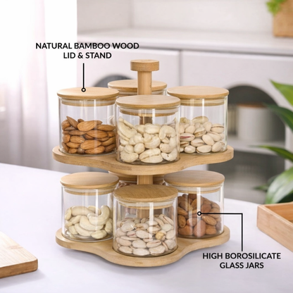 2-Tier Rotating Bamboo Glass Jar Set | 8 Airtight Storage Jars with 360° Swivel Stand | Dry Fruit, Spice & Snack Organiser for Kitchen Counter