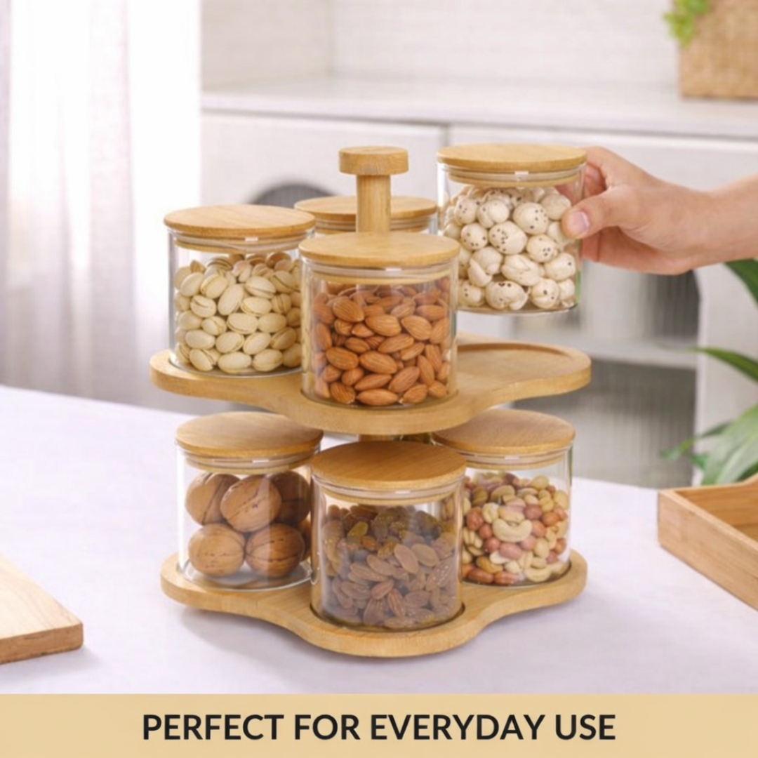 2-Tier Rotating Bamboo Glass Jar Set | 8 Airtight Storage Jars with 360° Swivel Stand | Dry Fruit, Spice & Snack Organiser for Kitchen Counter