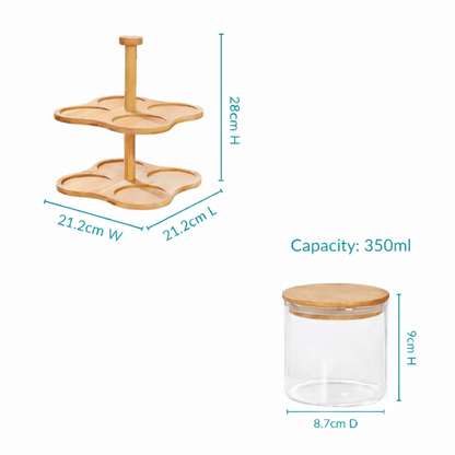 2-Tier Rotating Bamboo Glass Jar Set | 8 Airtight Storage Jars with 360° Swivel Stand | Dry Fruit, Spice & Snack Organiser for Kitchen Counter