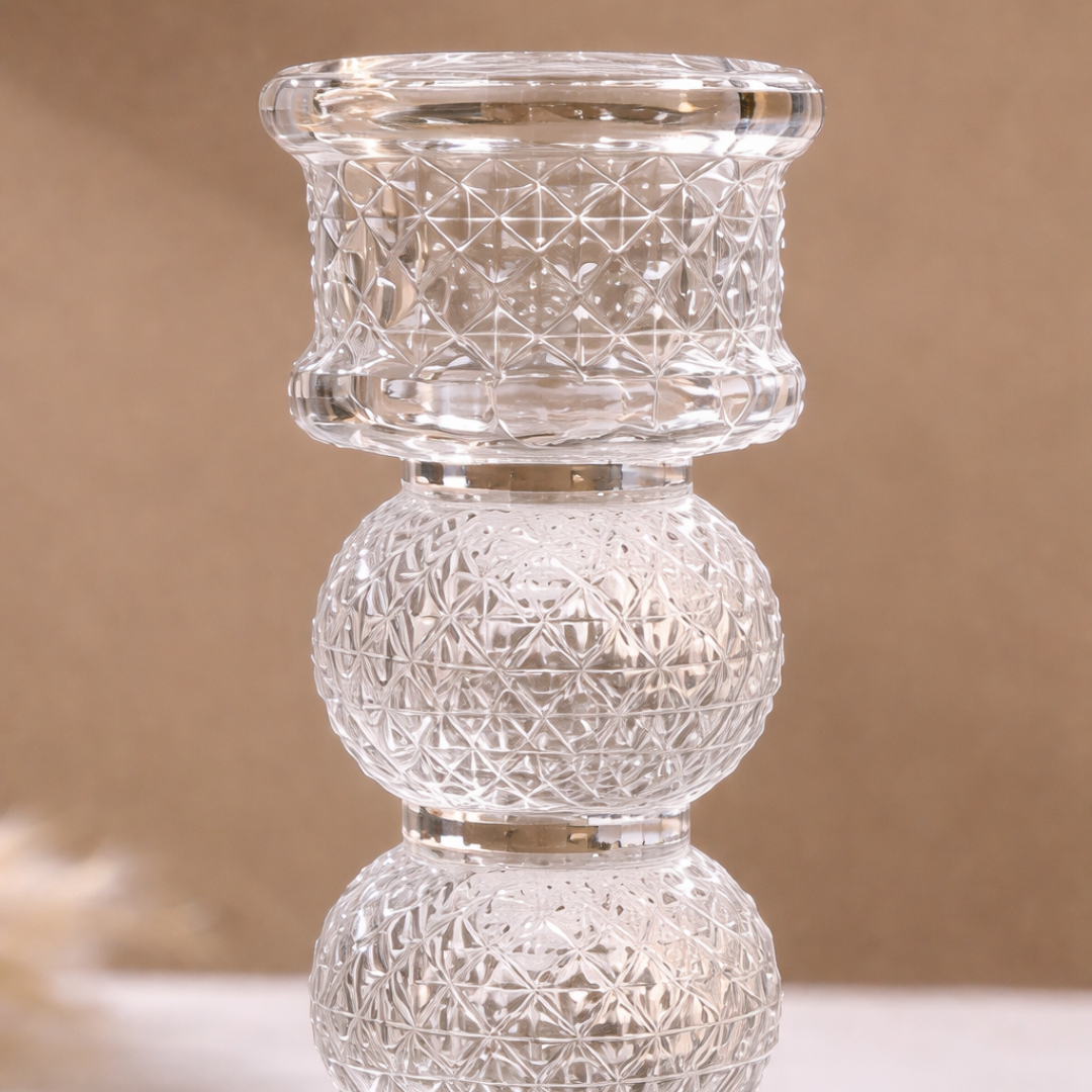 Crystal Triple Ball Diamond-Cut Glass Pillar Candle Holder