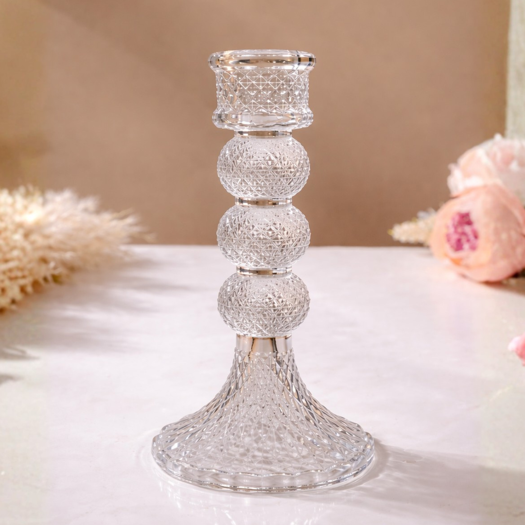 Crystal Triple Ball Diamond-Cut Glass Pillar Candle Holder