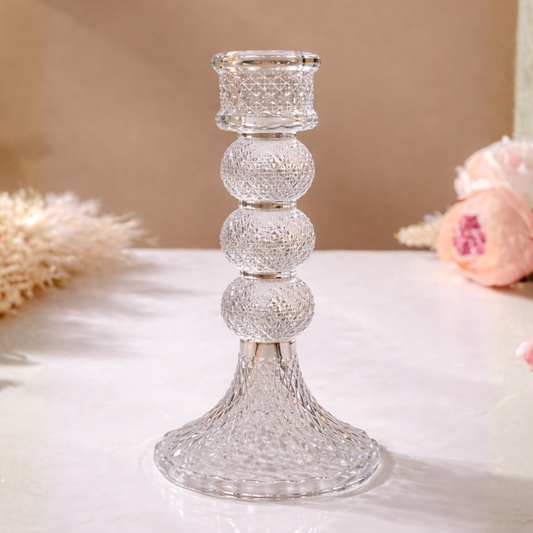 Crystal Triple Ball Diamond-Cut Glass Pillar Candle Holder