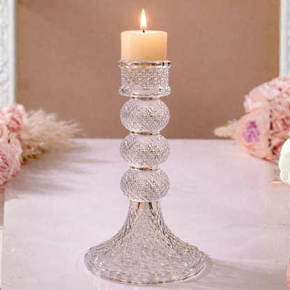Crystal Triple Ball Diamond-Cut Glass Pillar Candle Holder