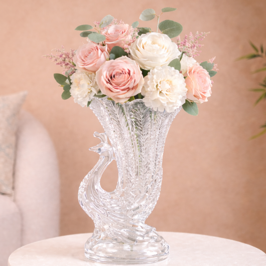 Crystal Glass Peacock Flower Vase — Sculpted Swan Feather Design