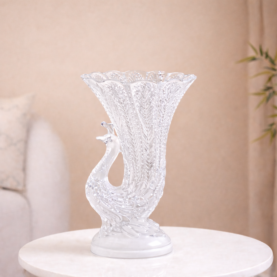 Crystal Glass Peacock Flower Vase — Sculpted Swan Feather Design