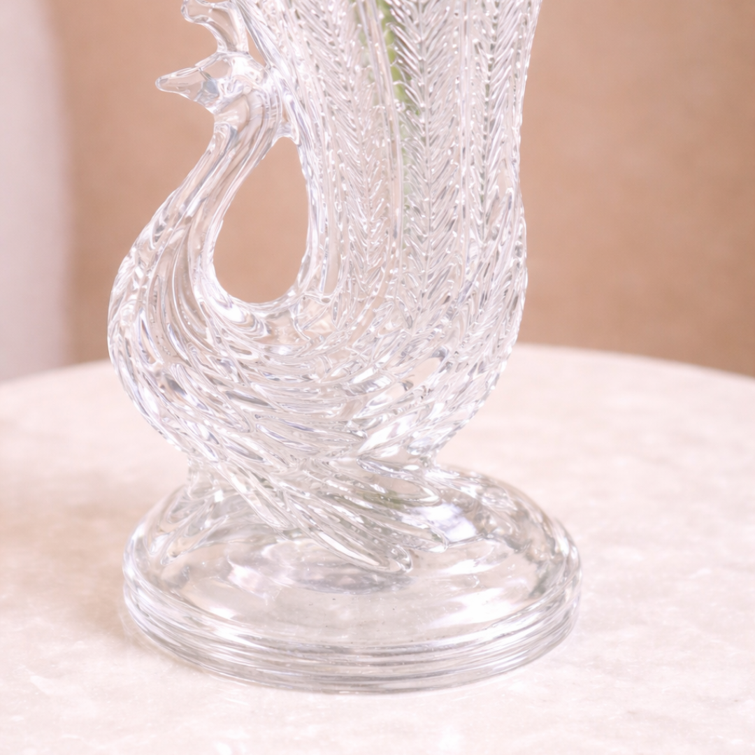 Crystal Glass Peacock Flower Vase — Sculpted Swan Feather Design