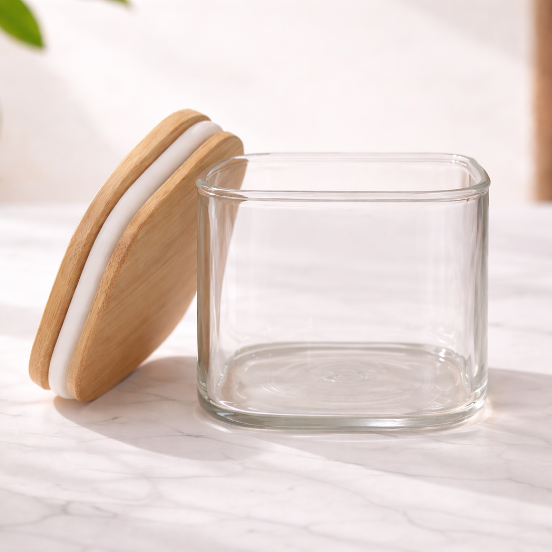 Borosilicate Glass Storage Jar Set of 4 with Bamboo Tray — Airtight Bamboo Lid & Silicone Seal | 500 ml Each | Pantry, Kitchen & Dry Food Organiser