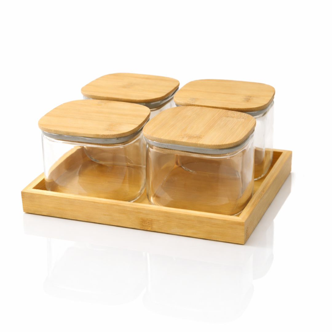 Borosilicate Glass Storage Jar Set of 4 with Bamboo Tray — Airtight Bamboo Lid & Silicone Seal | 500 ml Each | Pantry, Kitchen & Dry Food Organiser