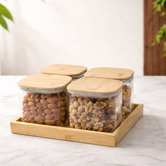Borosilicate Glass Storage Jar Set of 4 with Bamboo Tray — Airtight Bamboo Lid & Silicone Seal | 500 ml Each | Pantry, Kitchen & Dry Food Organiser